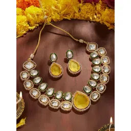 Zaveri Pearls Yellow Stone Green Meenakari Austrian Diamonds Necklace & Earrings Set-picture-38