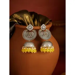 Zaveri Pearls Yellow Stones Beads Two Tone Antique Peacock Statement Jhumki Earrings-picture-14