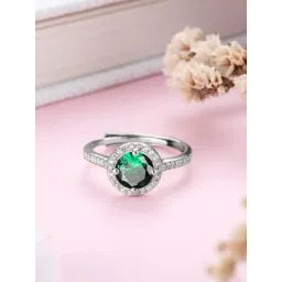 Zavya 925 Sterling Silver CZ Green Solitaire Halo Rhodium Plated Ring for Women-picture-30