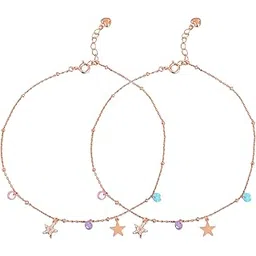 zavya 925 Sterling Silver Multicolour Star & Drop Rose Gold Plated Anklet (Pair) for Women | Stylish Silver Jewellery | Gift for Women & Girls | With Certificate of Authenticity & 925 Hallmark-picture-12