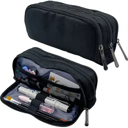 zaydanic Black Color Pencil Case Girls & Boys | Large Capacity with 3 Layer Compartment | Aesthetic Stationery Pouch for School | Collage & Office Art Canvas Pencil Box-picture-29