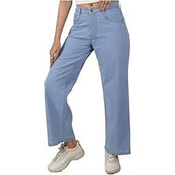 zayla Women's Denim Wide Leg Jeans I Stretchable Full-Length High Rise Waist Baggy Pants I Clean Solid Relaxed Fit Pant I Stylish & Trendy Look I for Office Party Home Girls (CG-2) (28, Light Blue)-picture-32