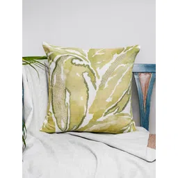 ZEBA Green Abstract Printed Linen Embroidered Square Cushion Cover 16 inch x 16 inch-picture-37
