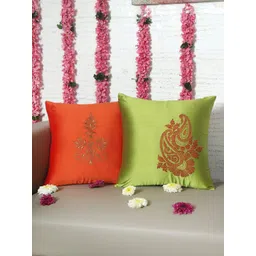 ZEBA Green & Orange 2 Pieces Ethnic Embroidered Square Cushion Covers-picture-33