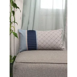 ZEBA Grey & Blue Embroidered Cotton Rectangle Cushion Cover image 1