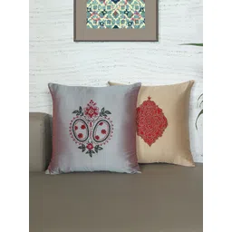 ZEBA Grey & Gold Toned 2 Pieces Ethnic Embroidered Square Cushion Covers-picture-24