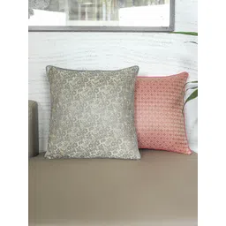 ZEBA Grey & Pink 2 Pieces Ethnic Motifs Brocade Square Cushion Covers-picture-27