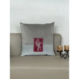 ZEBA Grey & Red Floral Embroidered Velvet Square Cushion Cover-picture-32