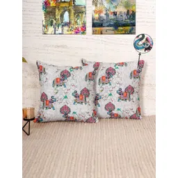 ZEBA White & Blue 2 Pieces Mughal Elephant Embroidered Square Cushion Covers-picture-33