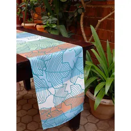 ZEBA White & Blue Abstract Leaf Printed 6-Seater Table Runner-picture-35