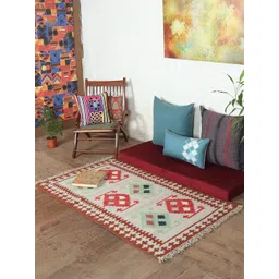 ZEBA White & Red Self-Designed Cotton Anti-Skid Dhurrie-picture-17