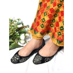 Zebba Women Black Woven Design Velvet Mojaris-picture-42