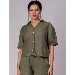 Zebein India Olive Green Viva La Frida Sunshine Linen Shirt-picture-27
