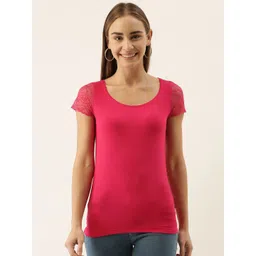 zebu Women Pink Solid Slim Fit Round Neck T-shirt with Lace Detailing-picture-25