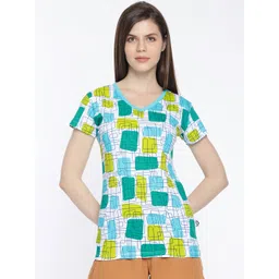 zebu Women White & Blue Printed V-Neck Lounge T-shirt-picture-32