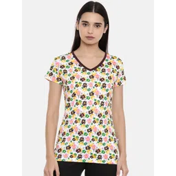 zebu Women White & Brown Printed V-Neck Lounge T-shirt-picture-28