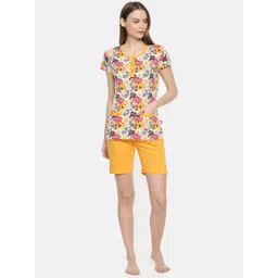 zebu Women White & Mustard Yellow Printed Night Suit-picture-34