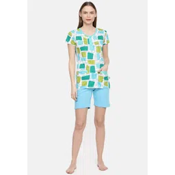 zebu Women White & Turquoise Blue Printed Night suit-picture-18