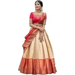 zecva White Red Women's Unstitched Material Kanjivaram Pattu Silk Traditional Soft HalfSaree For Women Pure Zari Weaving | Lehenga Choli Full Set.-picture-21