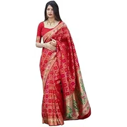 zecva Women's Kanjivaram Traditional Bandhani Patola Silk Saree With Attach Unstiched Blouse Piece, Multicolor-picture-18