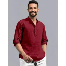 Zee Gold Relaxed Mandarin Collar Roll-Up Sleeves Cotton Casual Shirt-picture-31