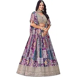 zeel clothing Women's Digital Print with Zari Dori Embroidery Work Chinnon Silk Lehenga Choli With Dupatta (7050-Purple-Women-Lehenga-Choli-New; Free size) (Purple)-picture-48