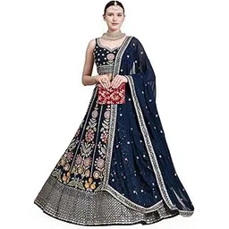 zeel clothing Womens Georgette Lehenga Choli Semi-Stitched Blue Wedding Bridal Free Size-picture-16