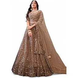 zeel clothing Women's Threads Sequins Embroidered Soft Net Semi-Stitched Lehenga Choli With Dupatta (5110-Brown-Wedding-Stylish-Lehenga-Choli-New; Free Size)-picture-56