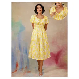 Zelena 95% Cotton 5% Elastane Woven Half Puffed Sleeves Floral Printed Maternity Dress With Front Open Nursing Access - Yellow-picture-19