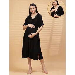Zelena 95% Viscose 5% Elastane Half Sleeves Solid Zipless Maternity Dress - Black-picture-25