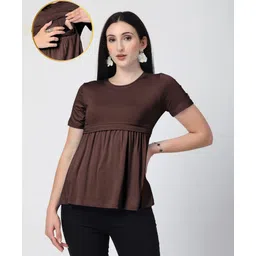 Zelena 95% Viscose 5% Elastane Knit Half Sleeves Solid Maternity Top With Overlap Nursing Access - Dark Brown-image-48