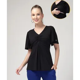 Zelena 95% Viscose 5% Elastane Woven Half Sleeves Solid Maternity Top With Side Nursing Access - Black-image-4
