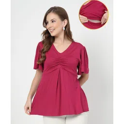 Zelena 95% Viscose 5% Elastane Woven Half Sleeves Solid Maternity Top With Side Nursing Access - Deep Rose-image-41