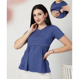 Zelena 95% Viscose 5% Elastane Woven Half Sleeves Solid Maternity Top With Side Nursing Access - Denim Blue-image-38