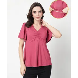 Zelena 95% Viscose 5% Elastane Woven Half Sleeves Solid Maternity Top With Side Nursing Access - Dusty Rose-image-40