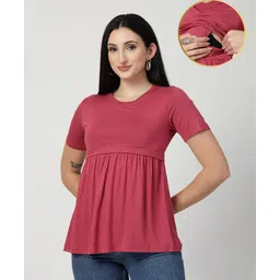 Zelena 95% Viscose 5% Elastane Woven Half Sleeves Solid Maternity Top With Side Nursing Access - Dusty Rose-image-39
