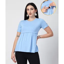 Zelena 95% Viscose 5% Elastane Woven Half Sleeves Solid Maternity Top With Side Nursing Access - Ice Blue-image-1