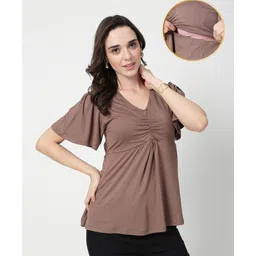 Zelena 95% Viscose 5% Elastane Woven Half Sleeves Solid Maternity Top With Side Nursing Access - Mocha-image-43