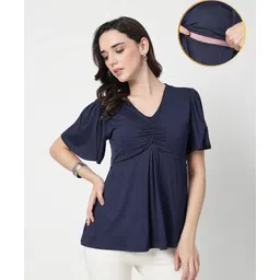 Zelena 95% Viscose 5% Elastane Woven Half Sleeves Solid Maternity Top With Side Nursing Access - Navy Blue-image-42