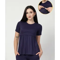 Zelena 95% Viscose 5% Elastane Woven Half Sleeves Solid Maternity Top With Side Nursing Access - Navy Blue-image-47