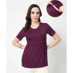 Zelena 95% Viscose 5% Elastane Woven Half Sleeves Solid Maternity Top With Side Nursing Access - Plum-image-5