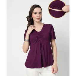 Zelena 95% Viscose 5% Elastane Woven Half Sleeves Solid Maternity Top With Side Nursing Access - Plum-image-45