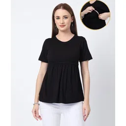 Zelena 95% Viscose 5% Elastane Woven Half Sleeves Solid Maternity Top With Side Seam Nursing Access - Black-image-46