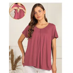 Zelena 95% Viscose 5% Lycra Half Sleeves Solid Maternity Top With Side Seam Nursing Access - Dusty Rose-image-29