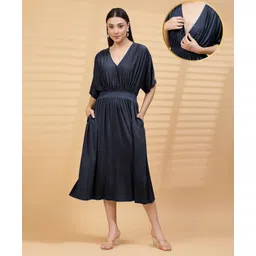 Zelena 95% Viscose 5% Lycra Knit Half Sleeves Solid Maternity Dress With Front Open Nursing Access - Navy Blue-image-30