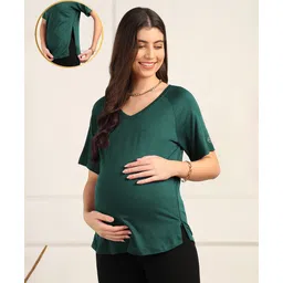 Zelena 95% Viscose 5% Lycra Knit Half Sleeves Solid Maternity Top With Side Zipper Nursing Access - Green-image-26