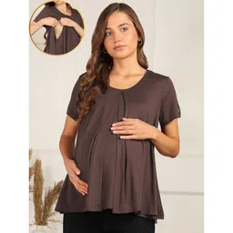 Zelena 95% Viscose 5% Lycra Maternity Knit Half Sleeves Solid Maternity Top With Side Zipper Nursing Access - Dark Brown-image-27