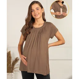 Zelena 95% Viscose 5% Lycra Woven Half Sleeves Solid Maternity Pleated Top With Side Open Nursing Access - Mocha-picture-13