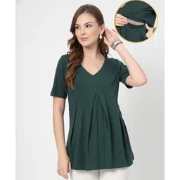 Zelena 95% Viscose 5% Lycra Woven Half Sleeves Solid Maternity Top With Side Zipper Nursing Access - Bottle Green-image-32