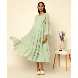 Zelena Full Bell Sleeve Solid Tiered Maternity Feeding  Gown With Pocket - Light Green-picture-11